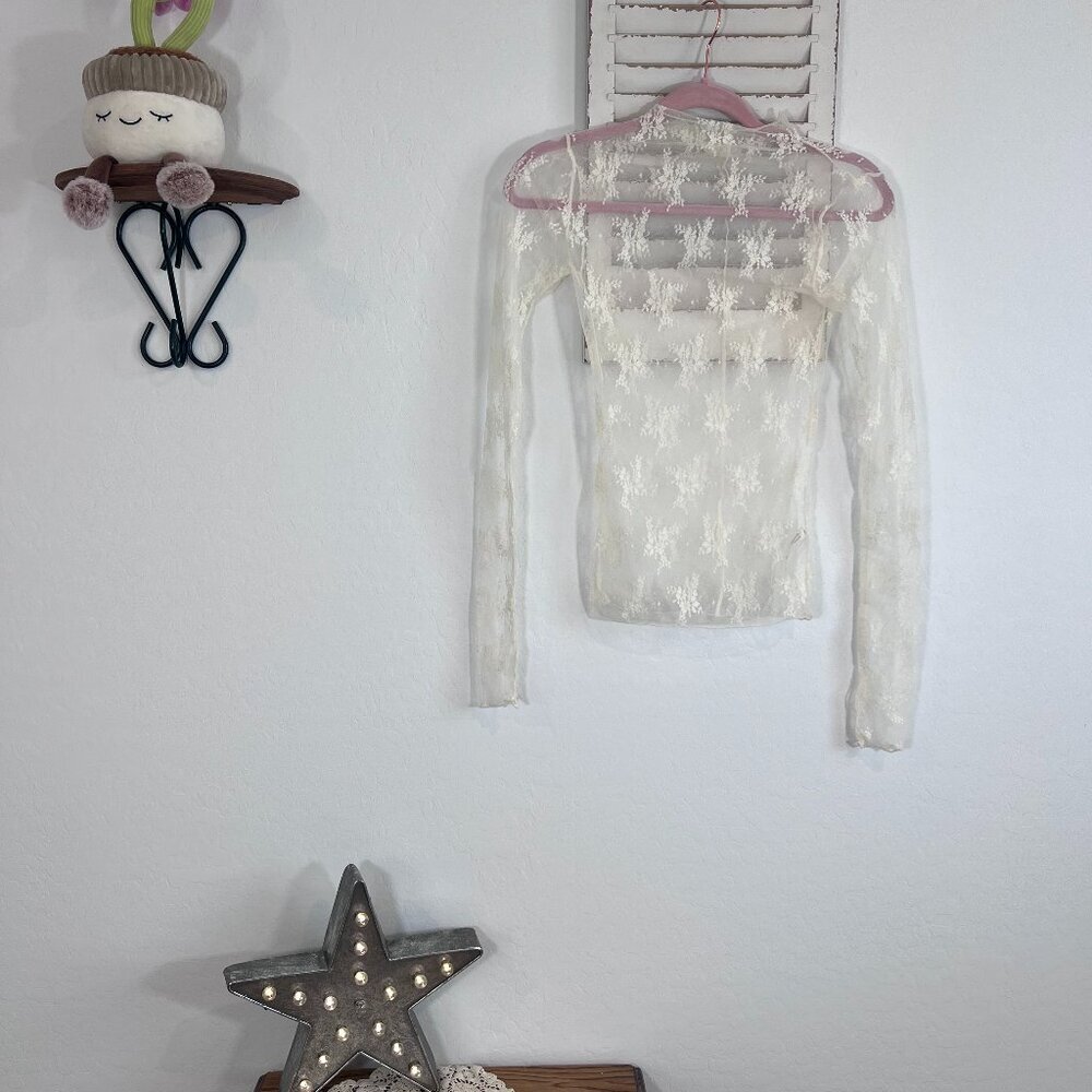 Free People Ivory Sheer Lace Long Sleeve Top